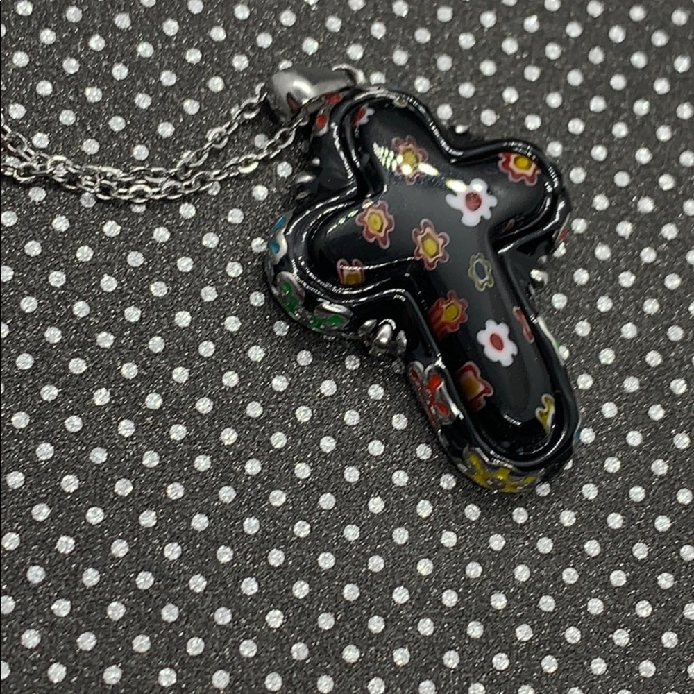 Black Murano Style Enameled Cross Pendant Necklace - Picture 4 of 5